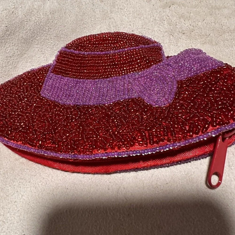 Red Hat Society Vintage Purple Trim Seed Beaded‎ Keychain Coin Purse Wallet